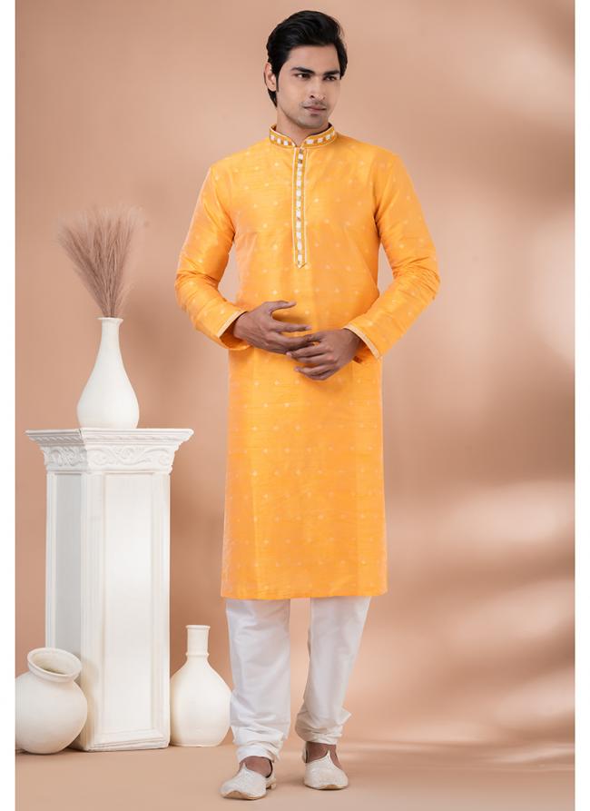 Mulberry Silk Yellow Festival Wear Weaving Kurta Pajama